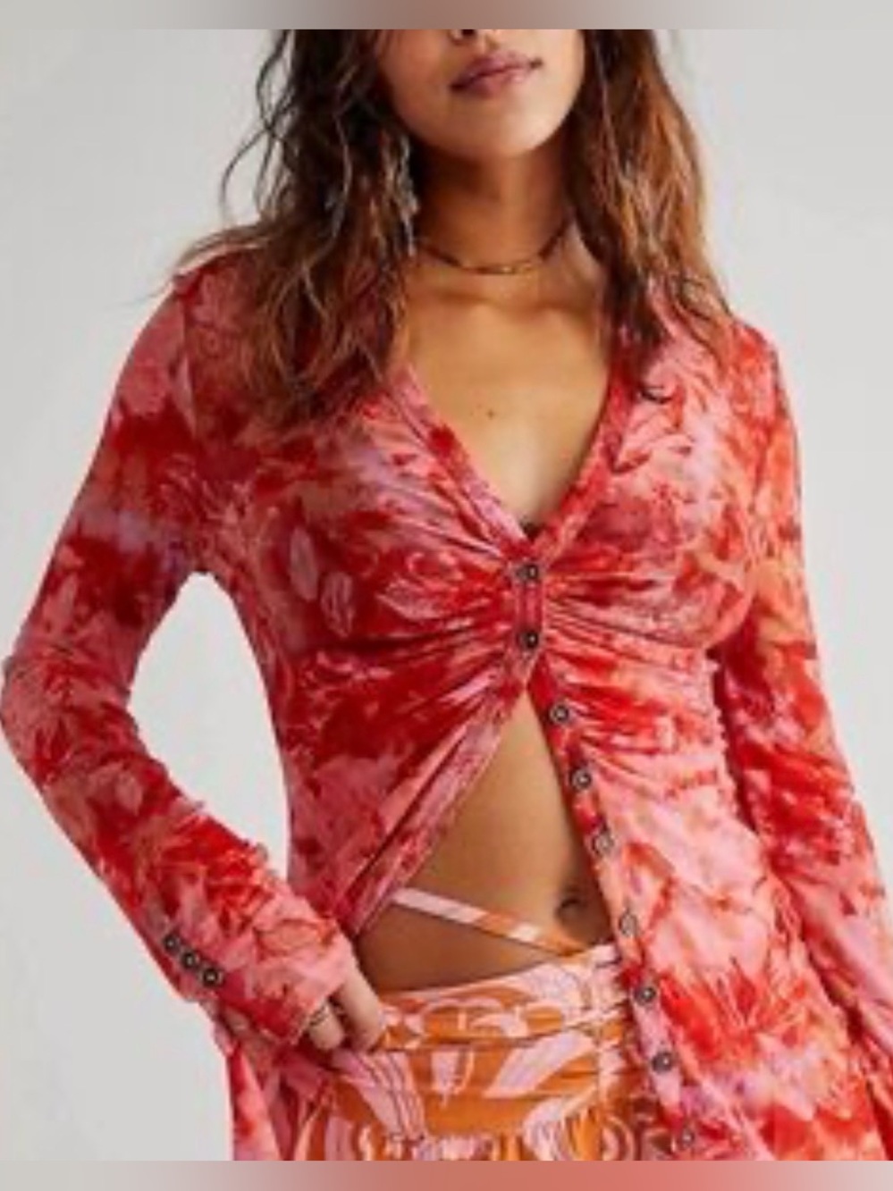 Free People Mesh Ruched Floral Blouse Whimsigoth Boho Women’s XL